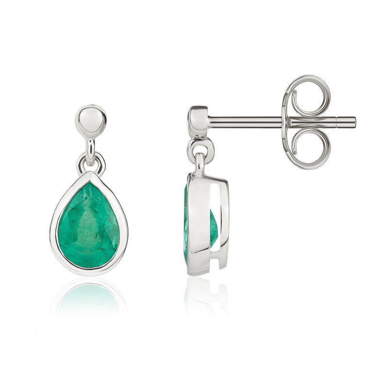 9ct White Gold Pear Shaped Natural Emerald Rubover Drop Earrings with 2.5mm Bead Top — 6x4mm