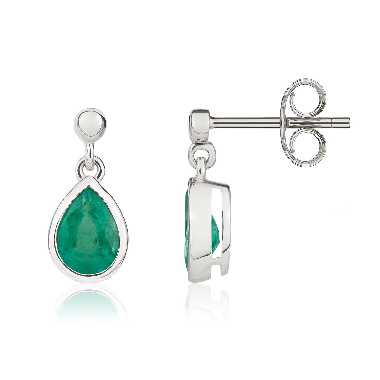 9ct White Gold Pear Shaped Natural Emerald Drop Earrings — 7x5mm