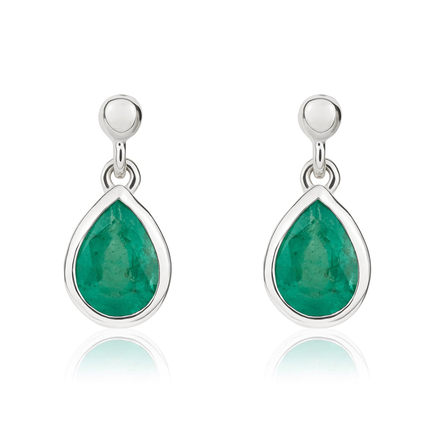 9ct White Gold Pear Shaped Natural Emerald Drop Earrings — 7x5mm