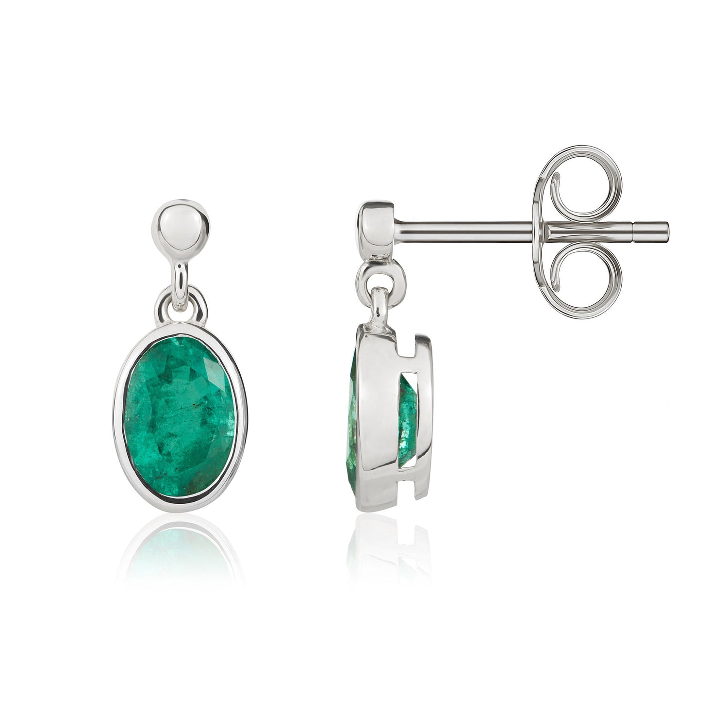 9ct White Gold Oval Natural Emerald Drop Earrings — 6x4mm