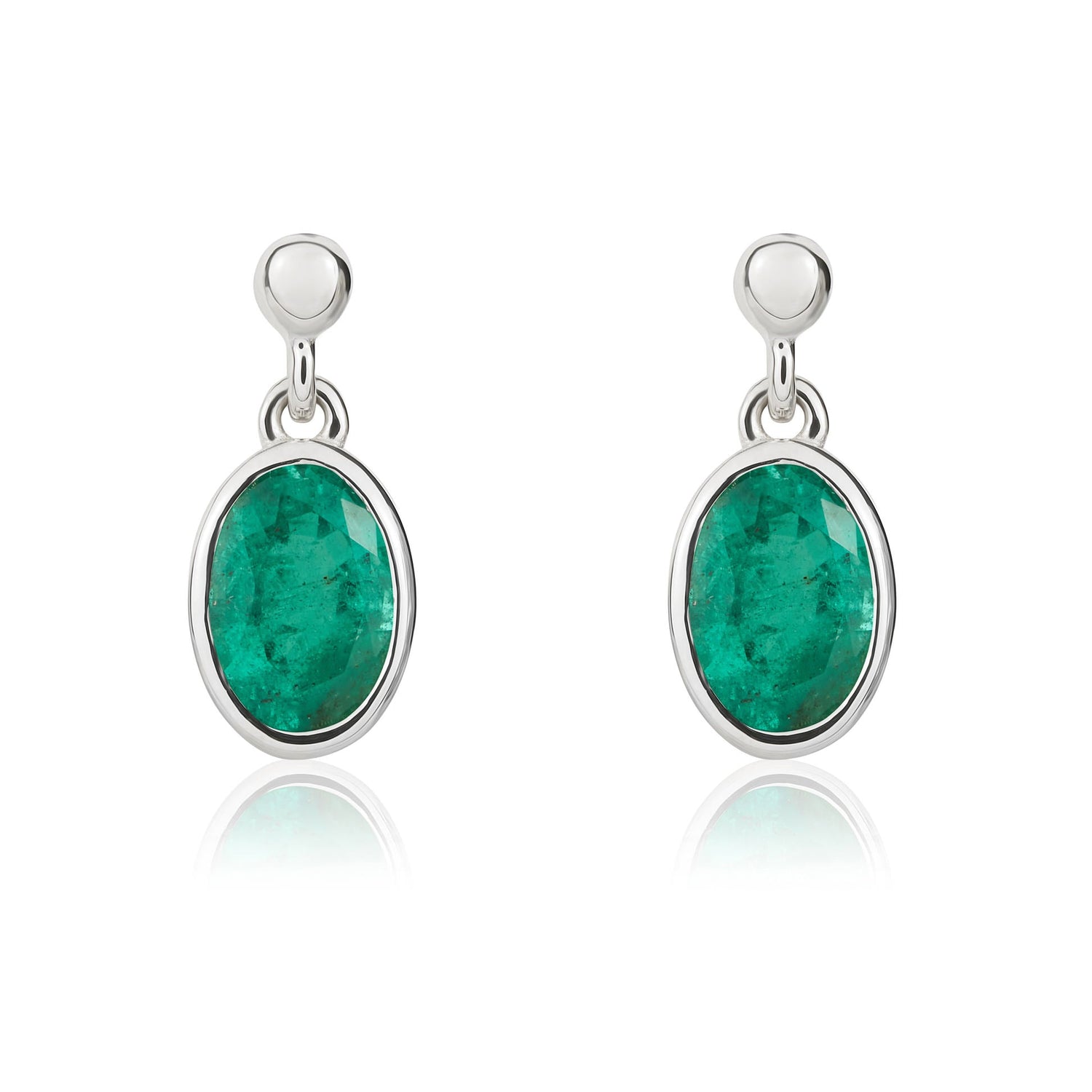 9ct White Gold Oval Natural Emerald Drop Earrings — 6x4mm
