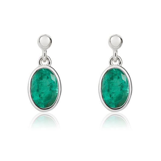 9ct White Gold Oval Natural Emerald Drop Earrings — 6x4mm