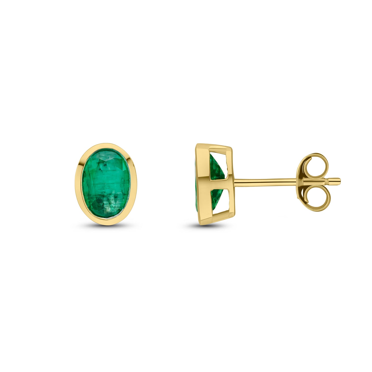 9ct Yellow Gold Oval Natural Emerald Rubover Stud Earrings — 7x5mm