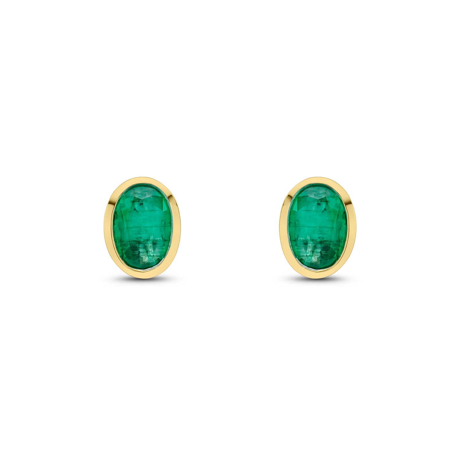 9ct Yellow Gold Oval Natural Emerald Rubover Stud Earrings — 7x5mm