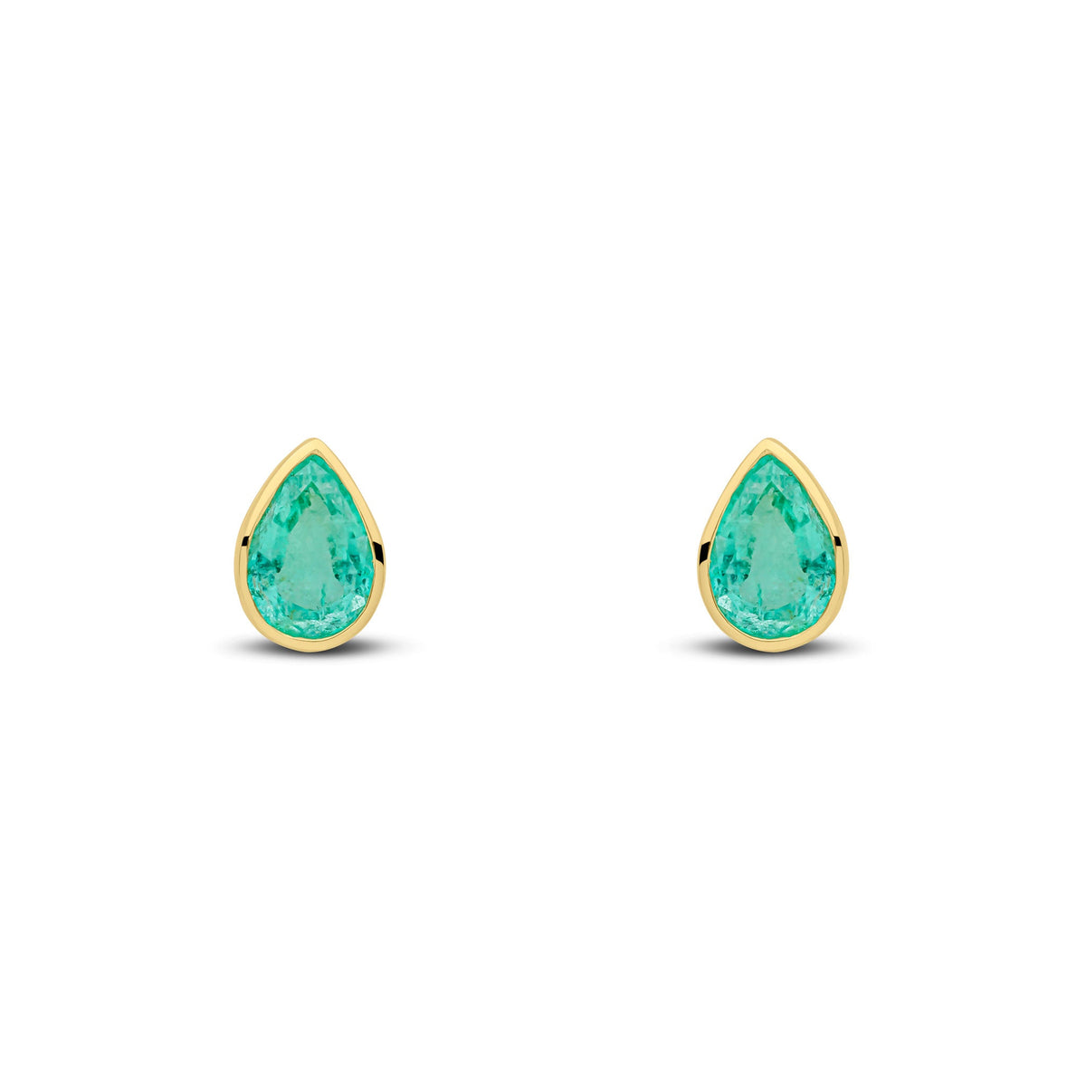 9ct Yellow Gold Pear Shaped Natural Emerald Rubover Stud Earrings — 7x5mm