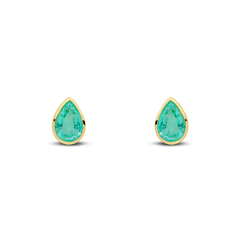 9ct Yellow Gold Pear Shaped Natural Emerald Rubover Stud Earrings — 7x5mm