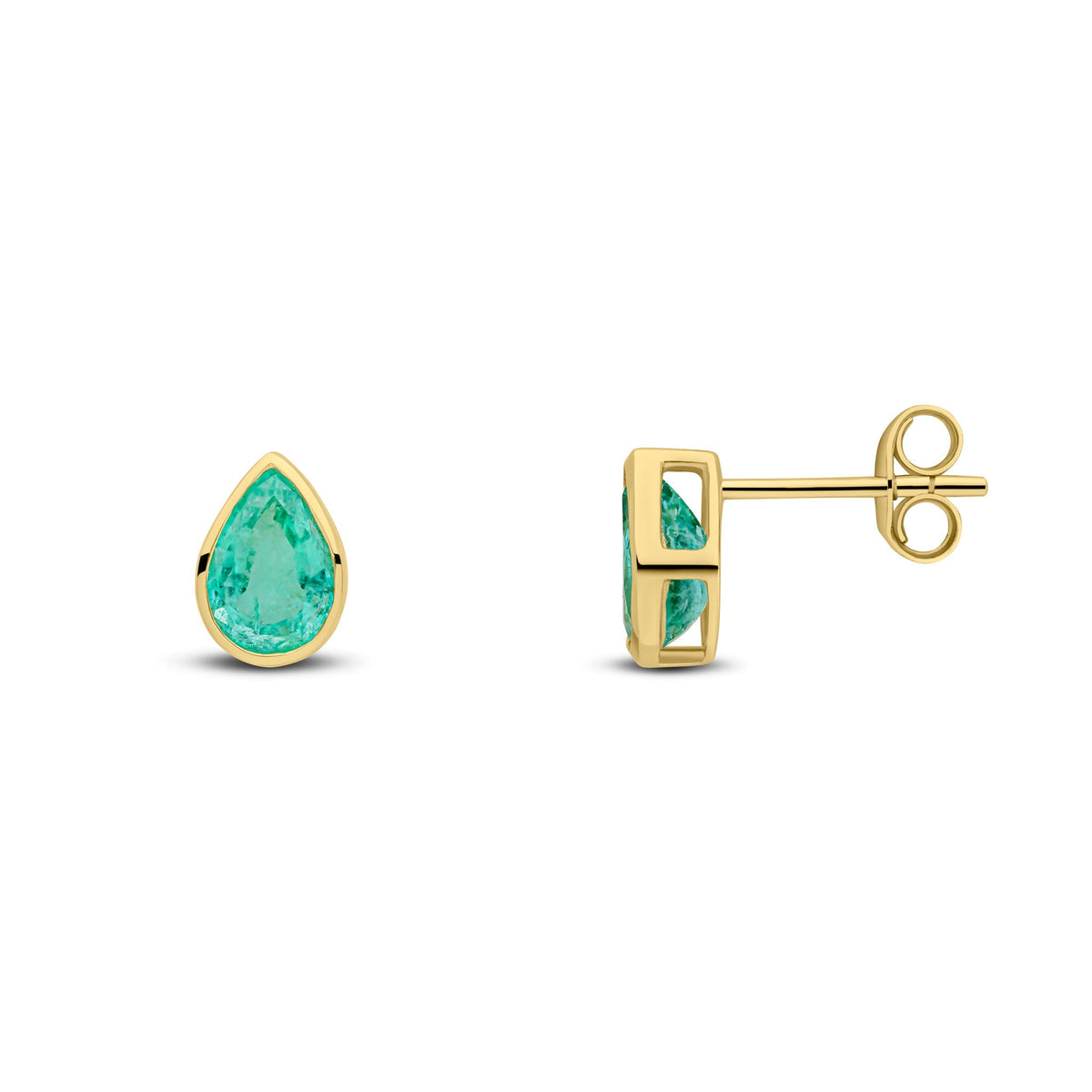 9ct Yellow Gold Pear Shaped Natural Emerald Rubover Stud Earrings — 7x5mm