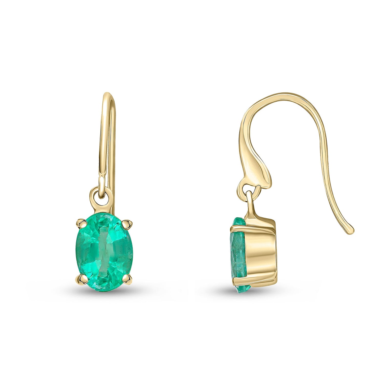 9ct Yellow Gold Oval Natural Emerald Claw Hook Wire Drop Earrings — 7x5mm