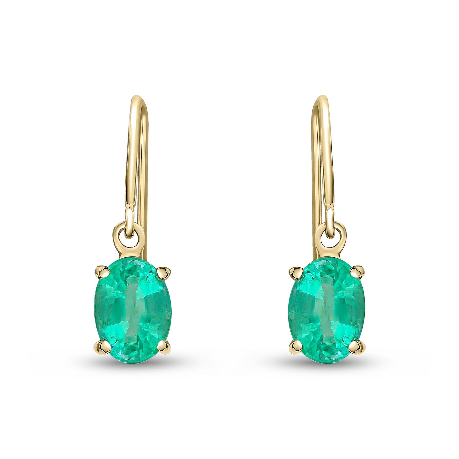 9ct Yellow Gold Oval Natural Emerald Claw Hook Wire Drop Earrings — 7x5mm