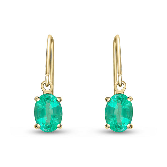 9ct Yellow Gold Oval Natural Emerald Claw Hook Wire Drop Earrings — 7x5mm