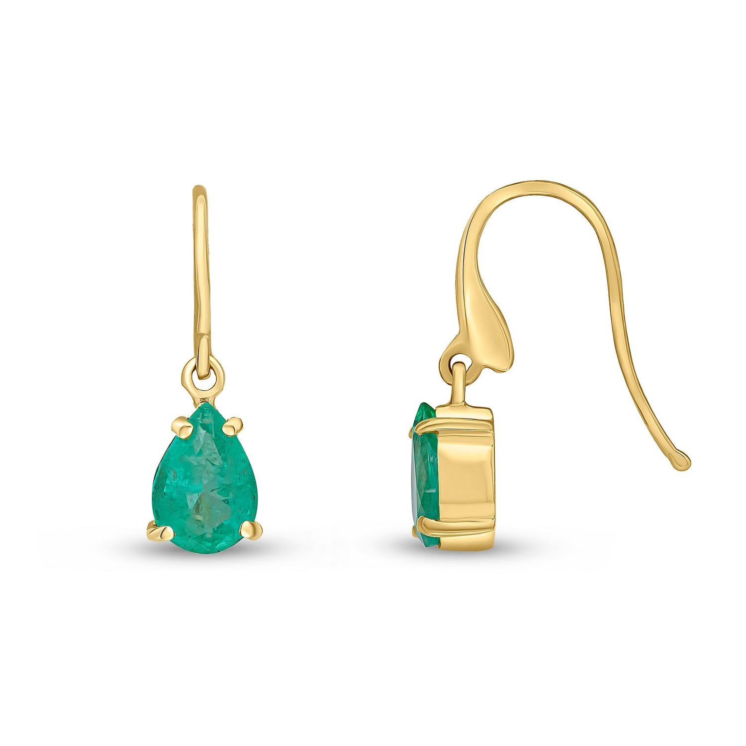 9ct Yellow Gold Pear Shaped Natural Emerald Claw Wire Hook Drop Earrings — 7x5mm