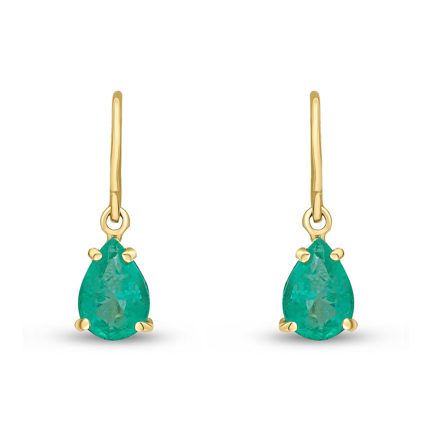 9ct Yellow Gold Pear Shaped Natural Emerald Claw Wire Hook Drop Earrings — 7x5mm