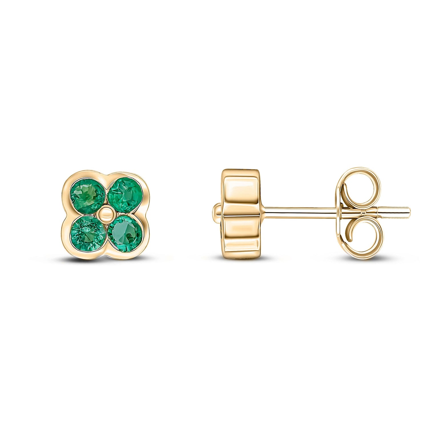 9ct Yellow Gold Round Natural Emerald Four Stone Rubover Stud Earrings — 2.2mm