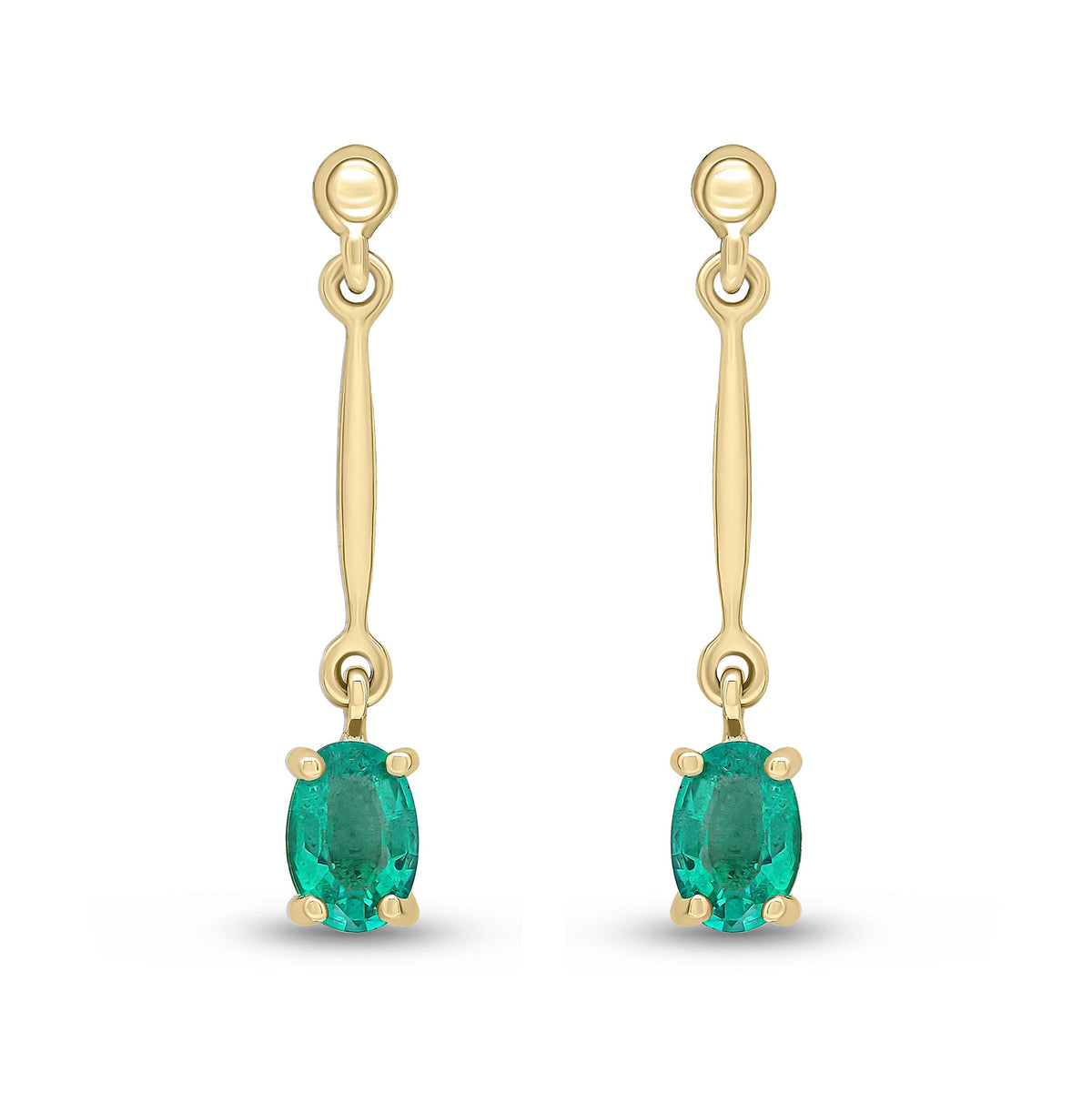 9ct Yellow Gold Oval Natural Emerald Claw Bar Drop Earrings — 6x4mm