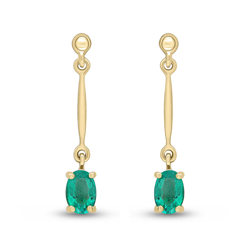 9ct Yellow Gold Oval Natural Emerald Claw Bar Drop Earrings — 6x4mm