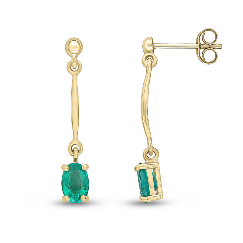 9ct Yellow Gold Oval Natural Emerald Claw Bar Drop Earrings — 6x4mm