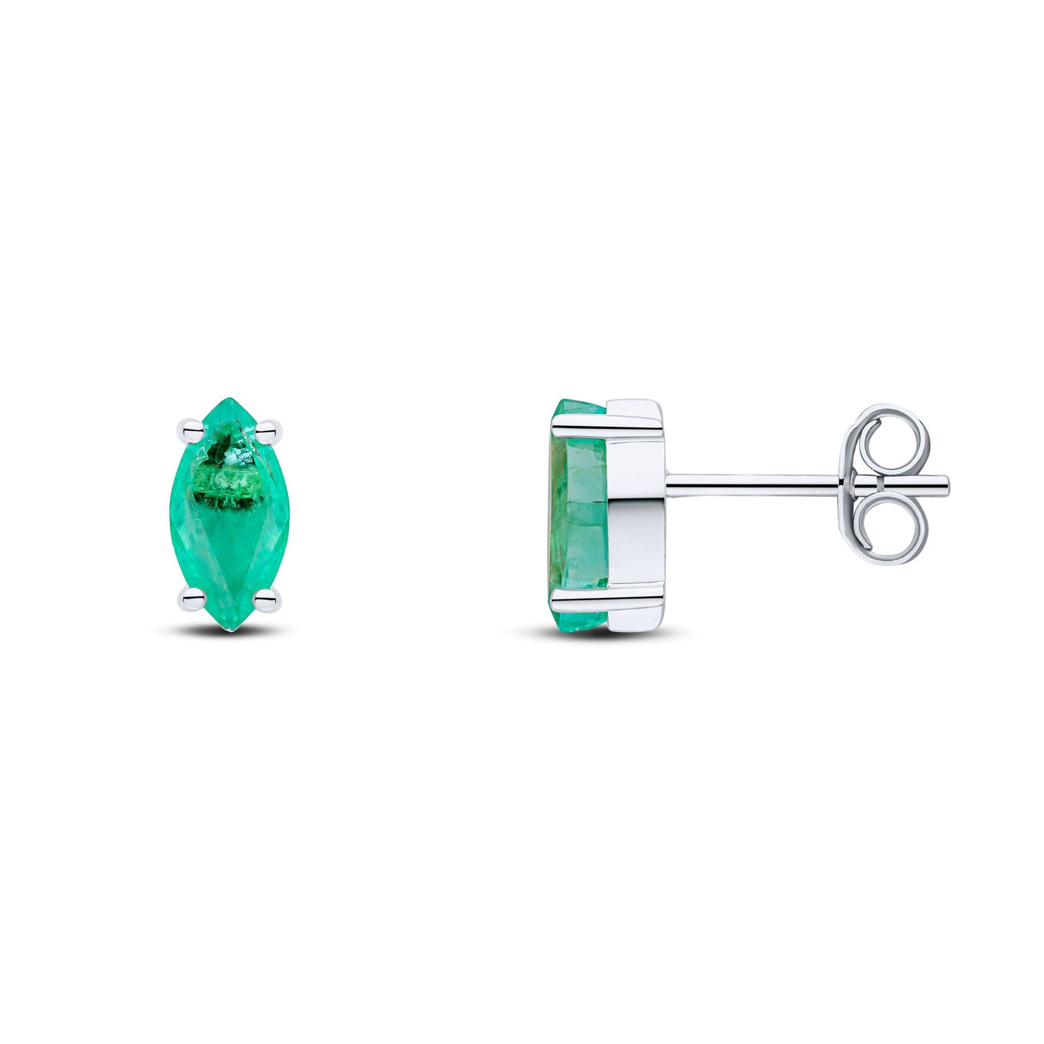 9ct White Gold Marquise Natural Emerald Claw Stud Earrings — 8x4mm