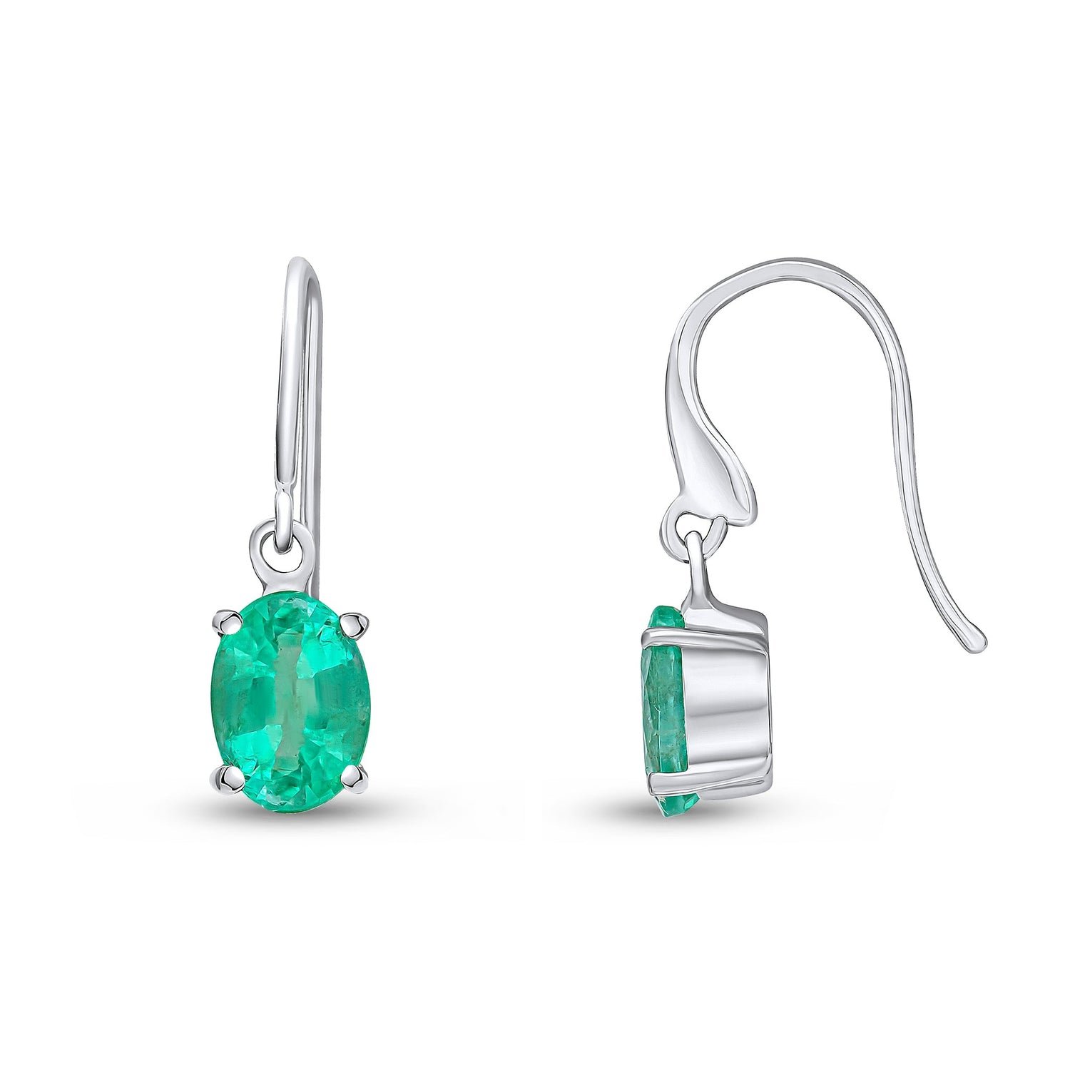 9ct White Gold Oval Natural Emerald Claw Hook Wire Drop Earrings — 7x5mm