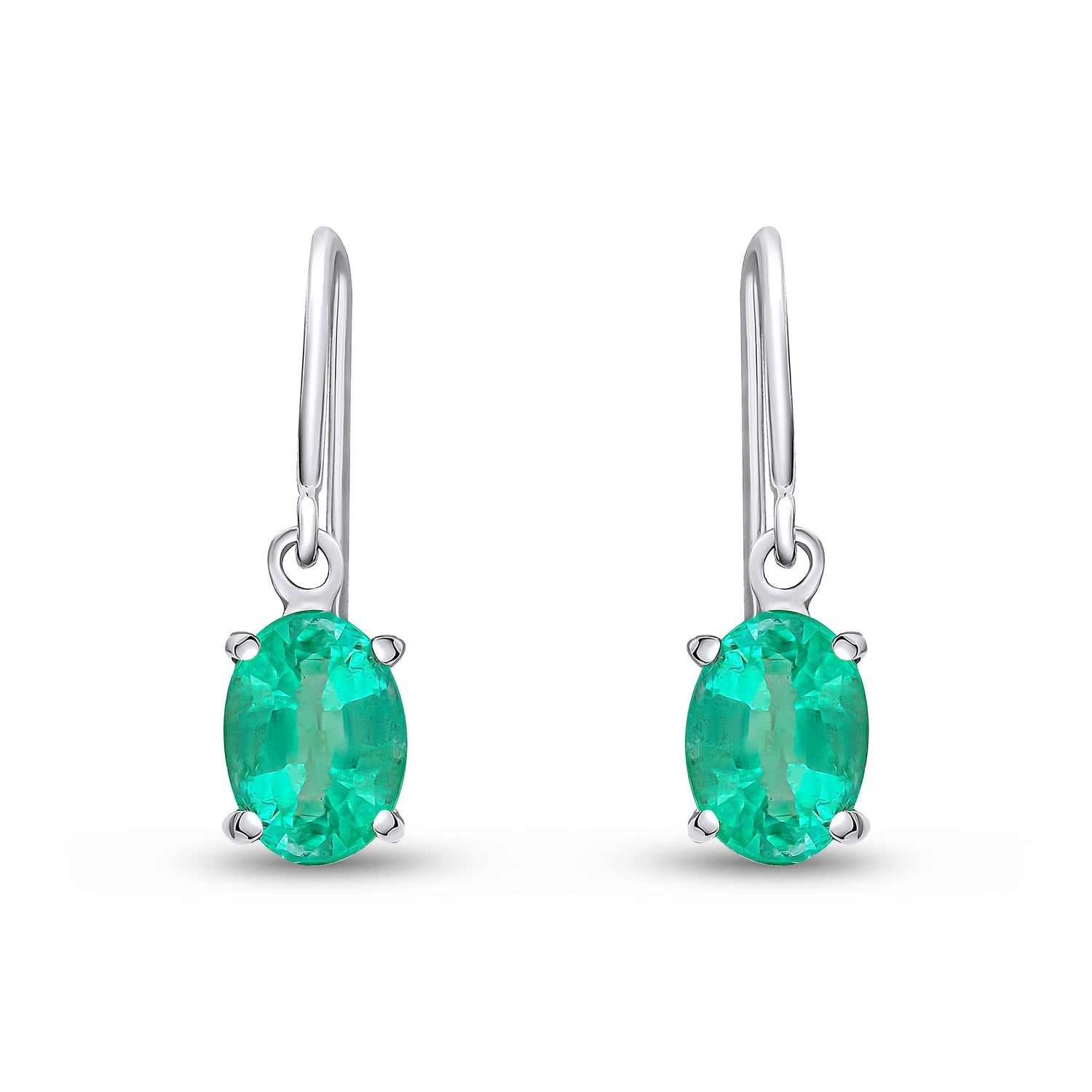 9ct White Gold Oval Natural Emerald Claw Hook Wire Drop Earrings — 7x5mm