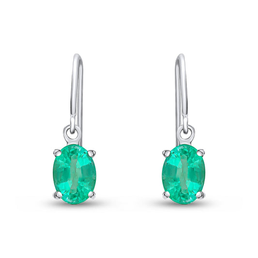9ct White Gold Oval Natural Emerald Claw Hook Wire Drop Earrings — 7x5mm