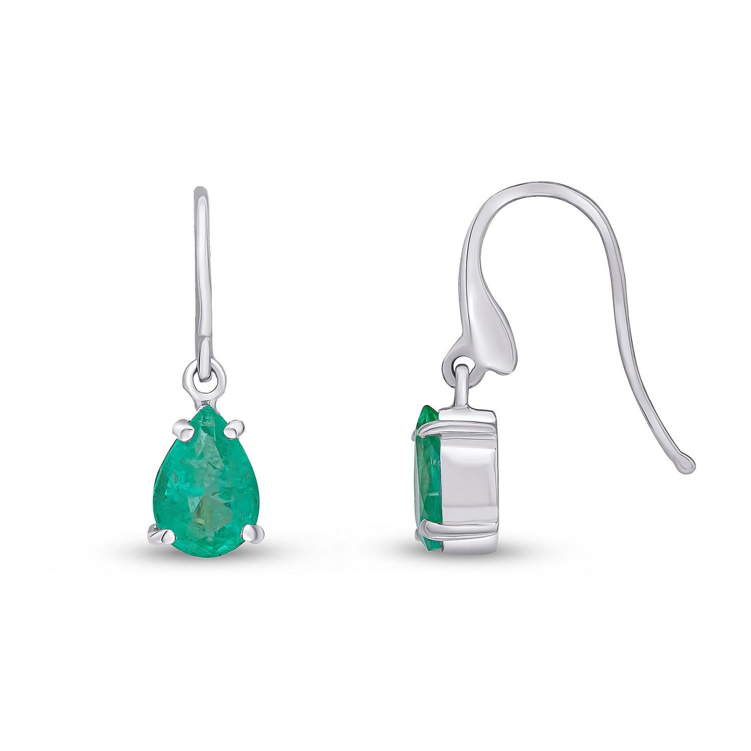 9ct White Gold Pear Shaped Natural Emerald Claw Wire Hook Drop Earrings — 7x5mm
