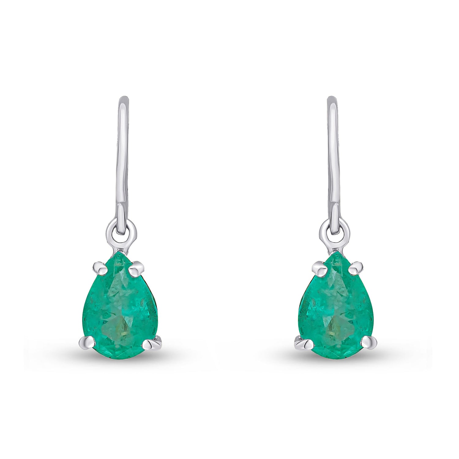 9ct White Gold Pear Shaped Natural Emerald Claw Wire Hook Drop Earrings — 7x5mm