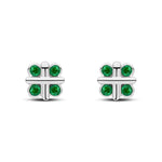 9ct White Gold Round Natural Emerald Rubover Quatrefoil Stud Earrings with Cross Centre