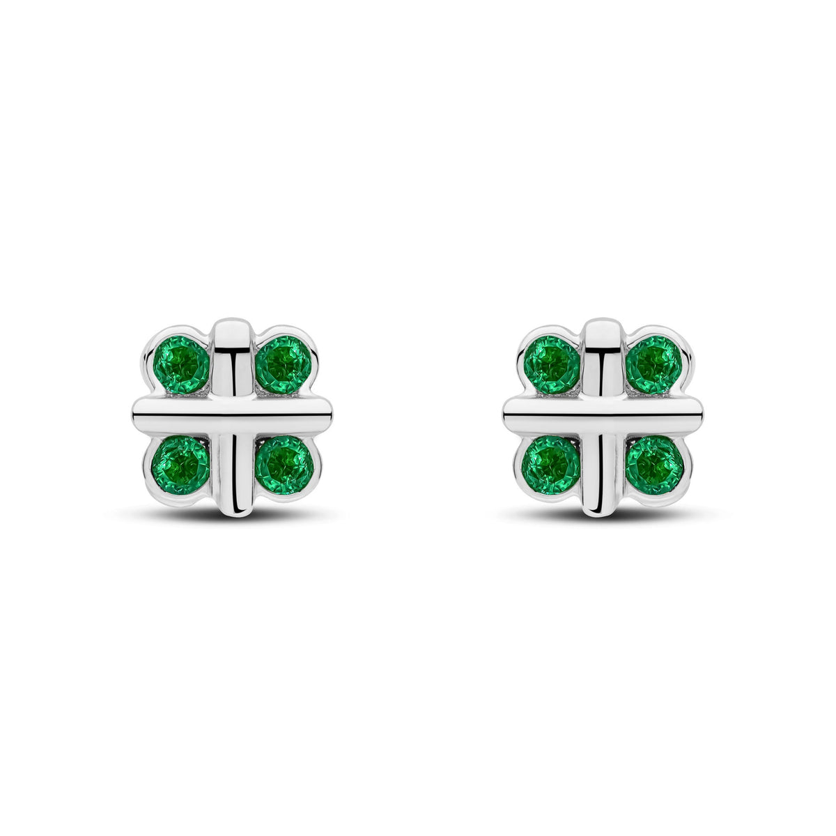 9ct White Gold Round Natural Emerald Rubover Quatrefoil Stud Earrings with Cross Centre