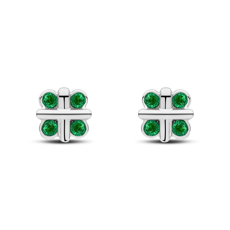 9ct White Gold Round Natural Emerald Rubover Quatrefoil Stud Earrings with Cross Centre