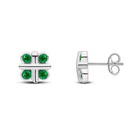 9ct White Gold Round Natural Emerald Rubover Quatrefoil Stud Earrings with Cross Centre