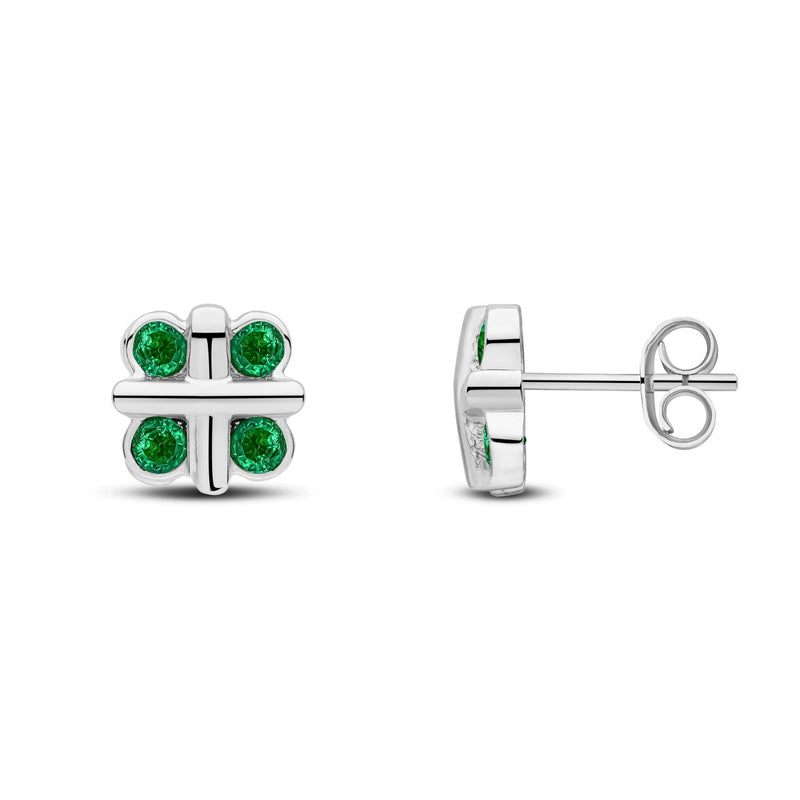 9ct White Gold Round Natural Emerald Rubover Quatrefoil Stud Earrings with Cross Centre