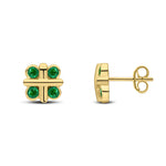 9ct Yellow Gold Round Natural Emerald Rubover Quatrefoil Stud Earrings with Cross Centre