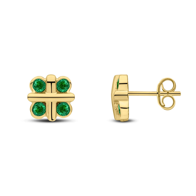 9ct Yellow Gold Round Natural Emerald Rubover Quatrefoil Stud Earrings with Cross Centre
