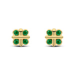 9ct Yellow Gold Round Natural Emerald Rubover Quatrefoil Stud Earrings with Cross Centre