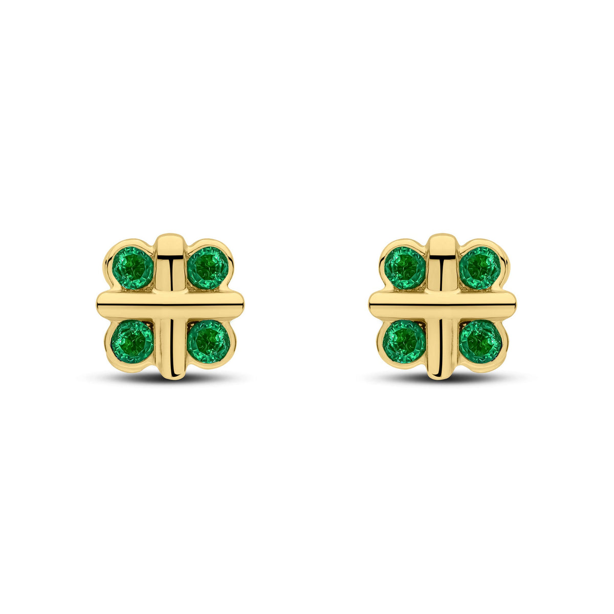 9ct Yellow Gold Round Natural Emerald Rubover Quatrefoil Stud Earrings with Cross Centre