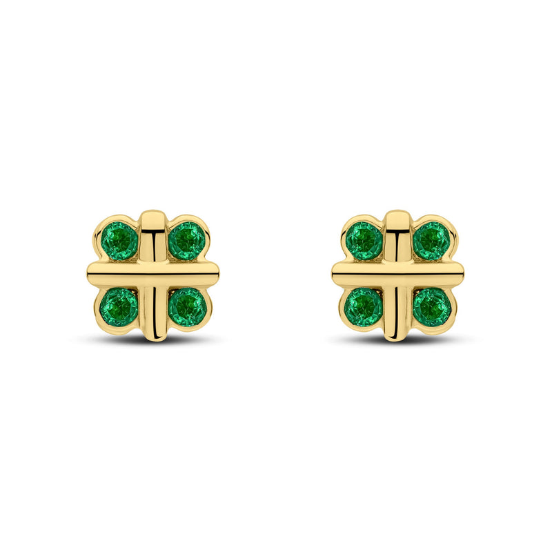 9ct Yellow Gold Round Natural Emerald Rubover Quatrefoil Stud Earrings with Cross Centre