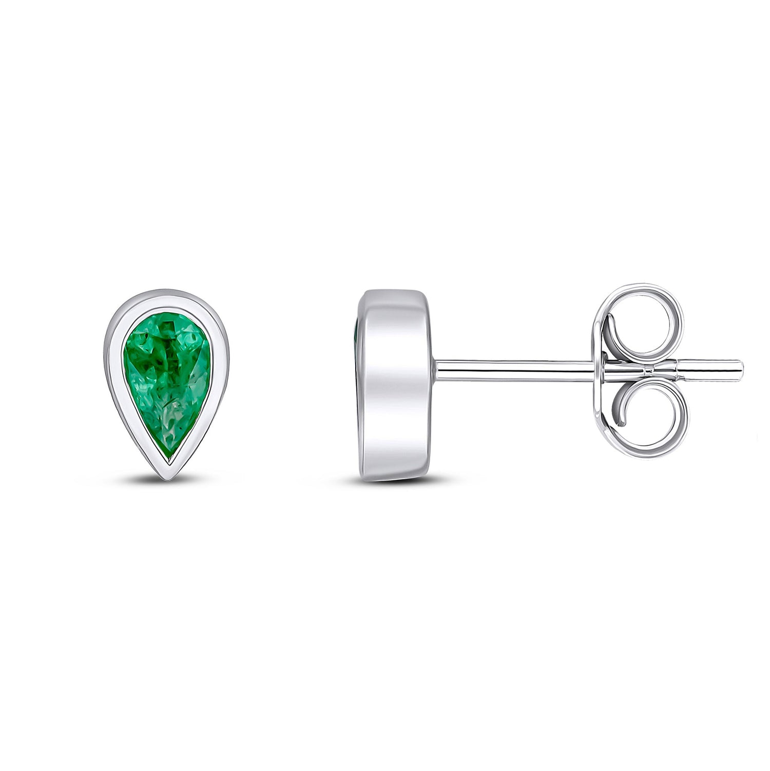9ct White Gold Pear Shaped Natural Emerald Rubover Stud Earrings — 5x3mm