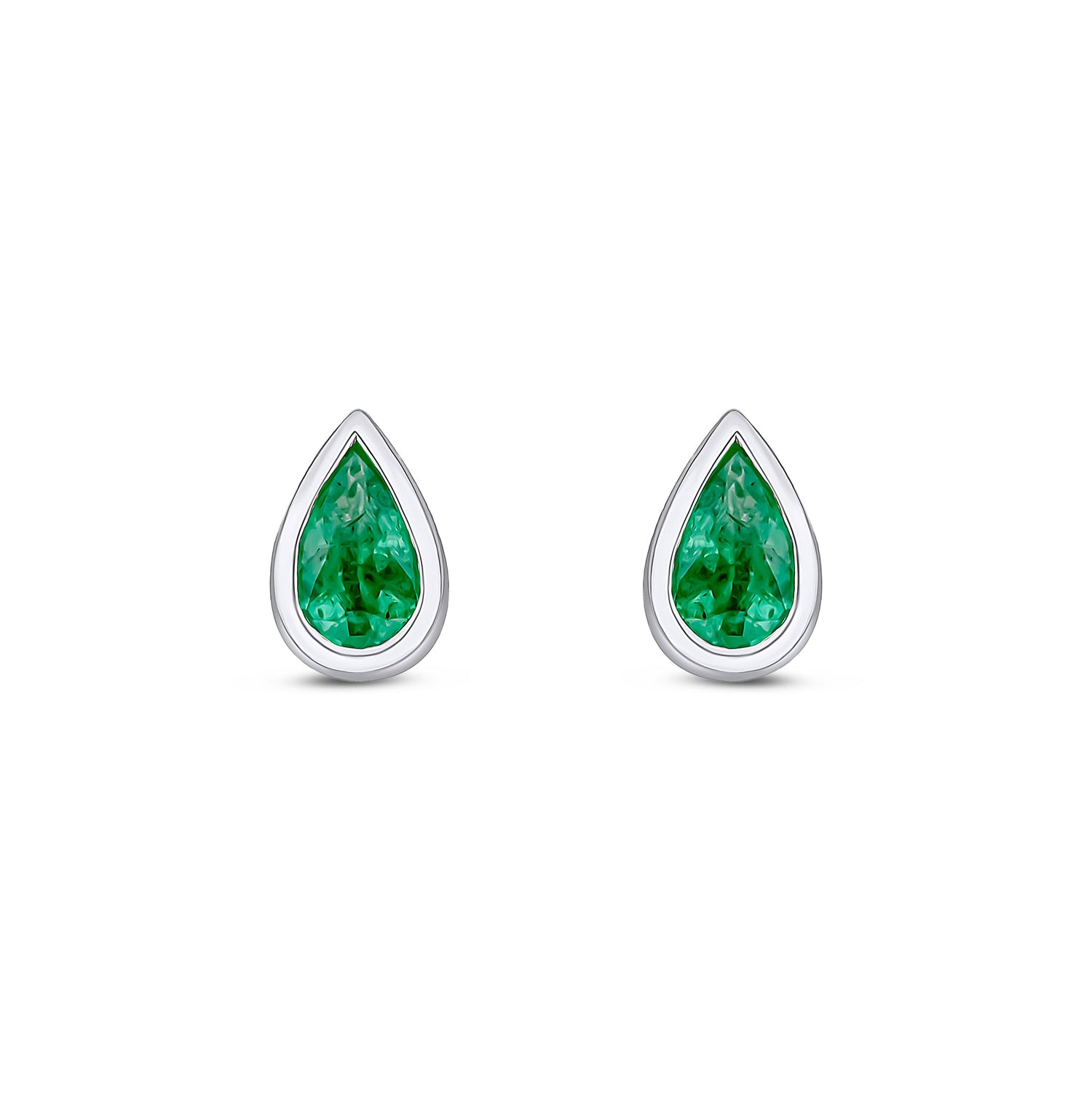 9ct White Gold Pear Shaped Natural Emerald Rubover Stud Earrings — 5x3mm