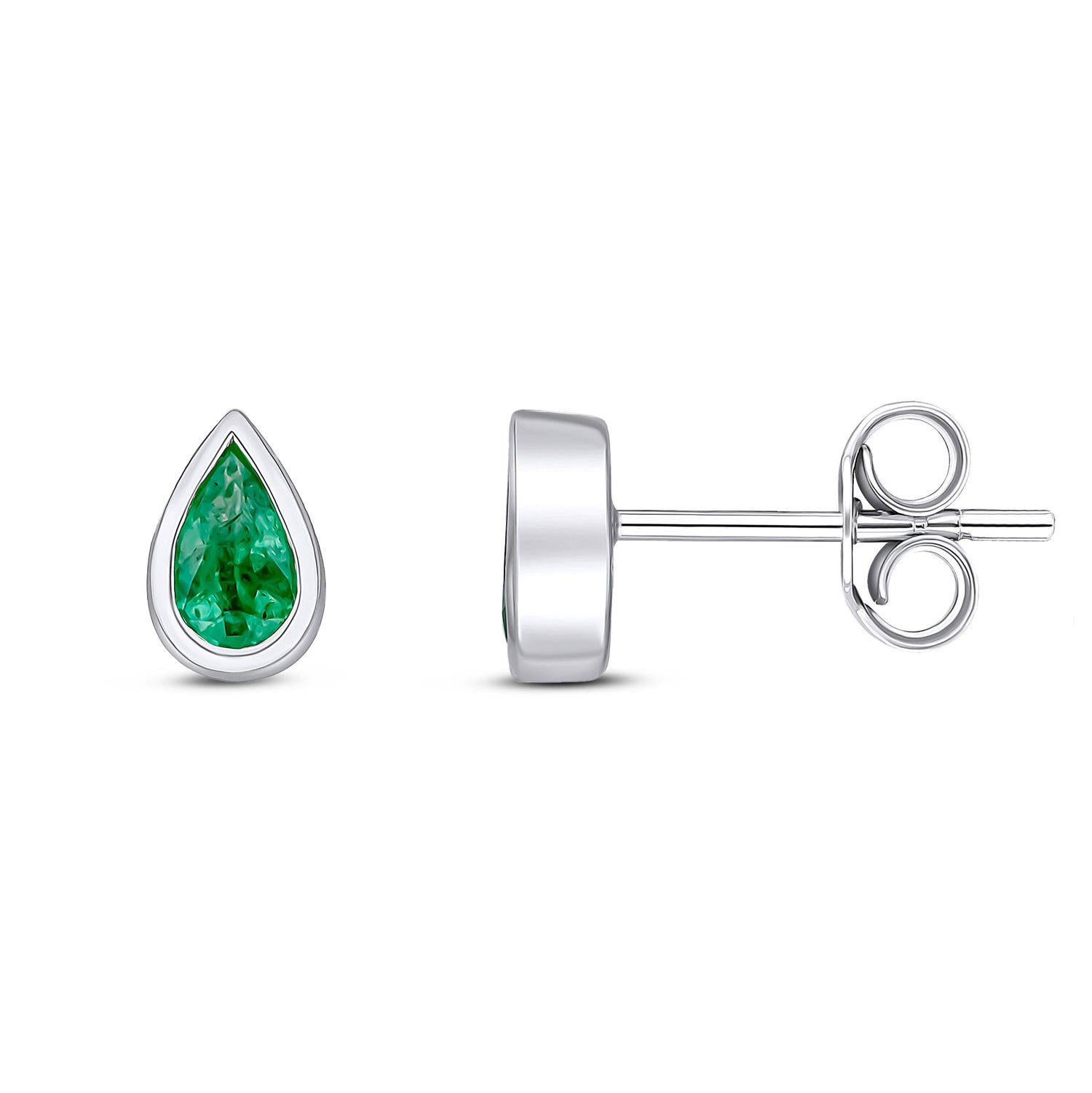 9ct White Gold Pear Shaped Natural Emerald Rubover Stud Earrings — 5x3mm