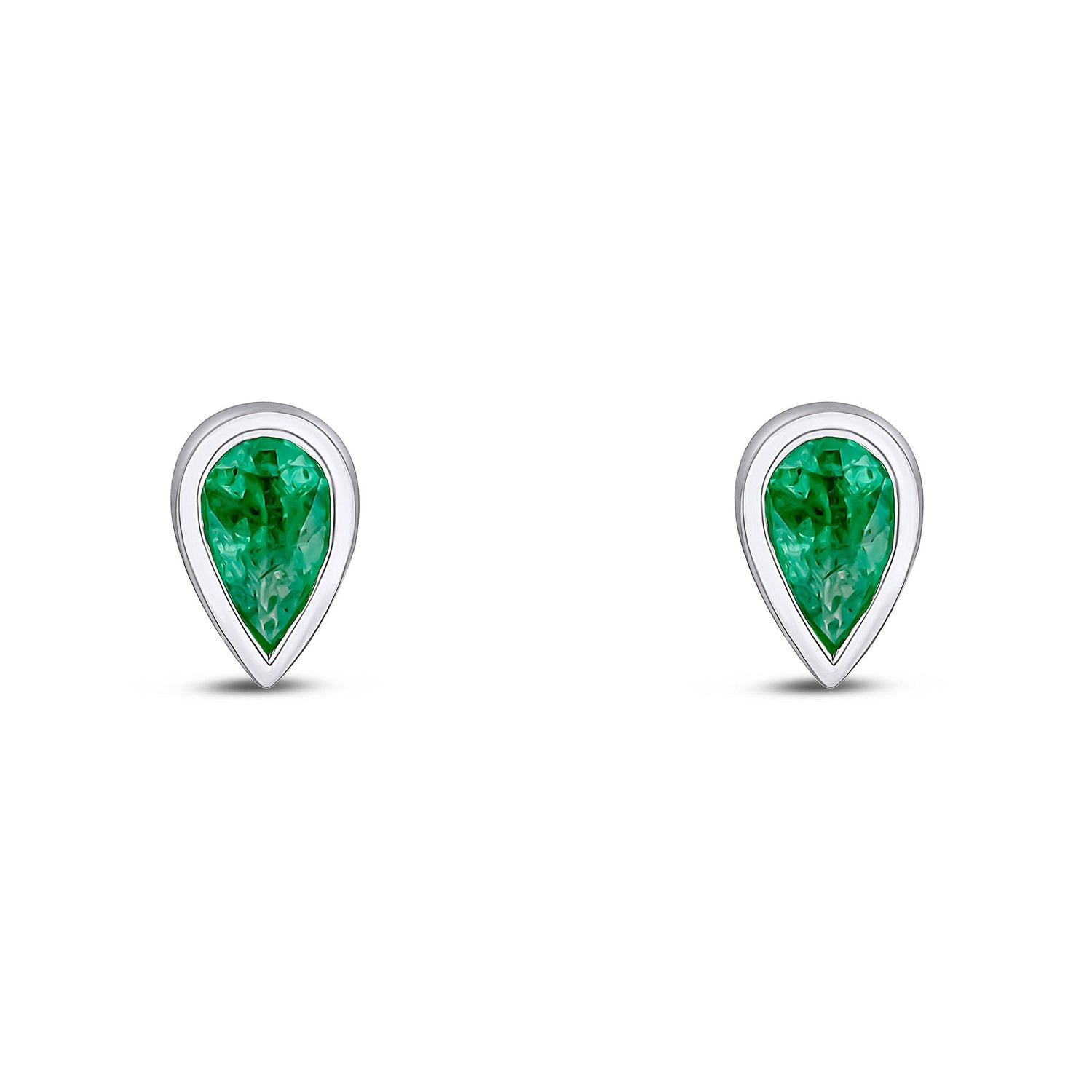 9ct White Gold Pear Shaped Natural Emerald Rubover Stud Earrings — 5x3mm