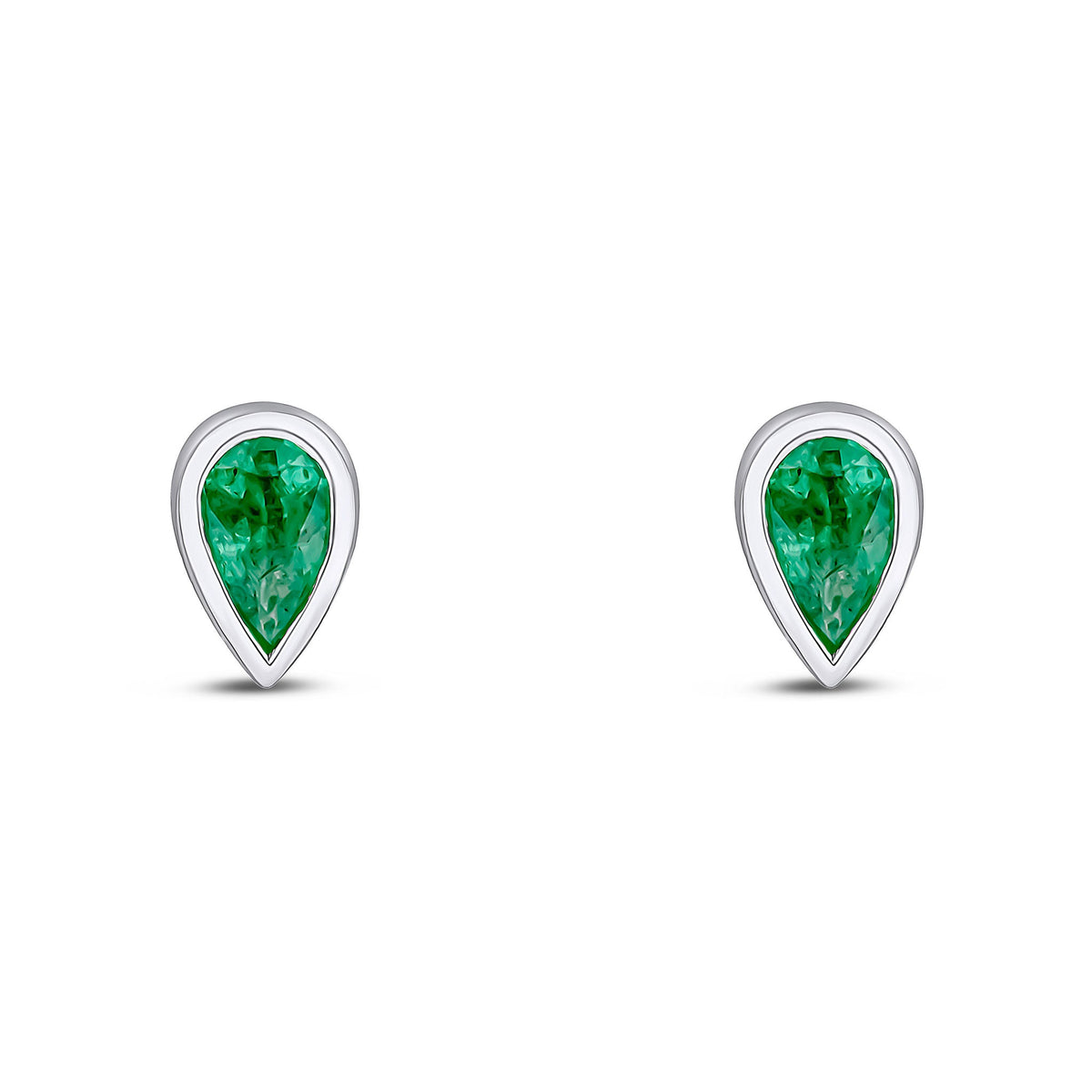 9ct White Gold Pear Shaped Natural Emerald Rubover Stud Earrings— 5x3mm