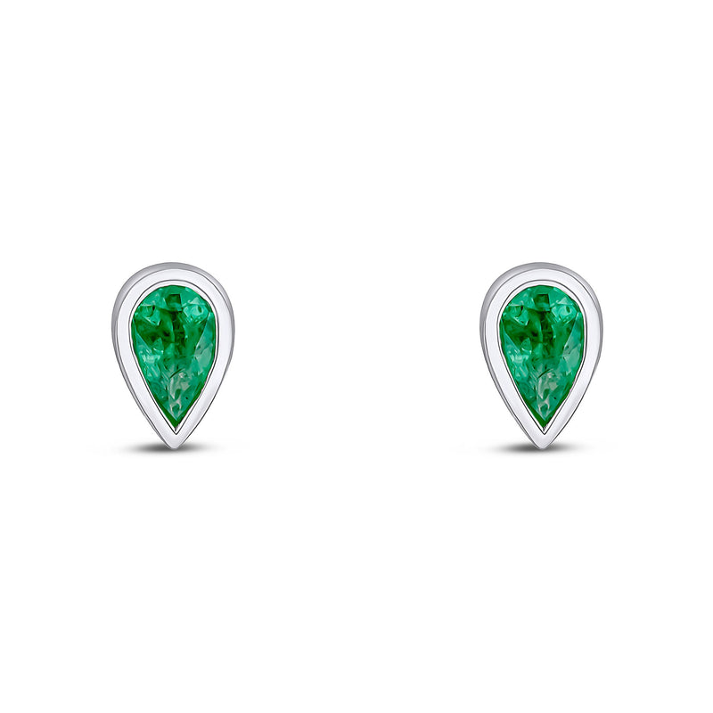 9ct White Gold Pear Shaped Natural Emerald Rubover Stud Earrings— 5x3mm