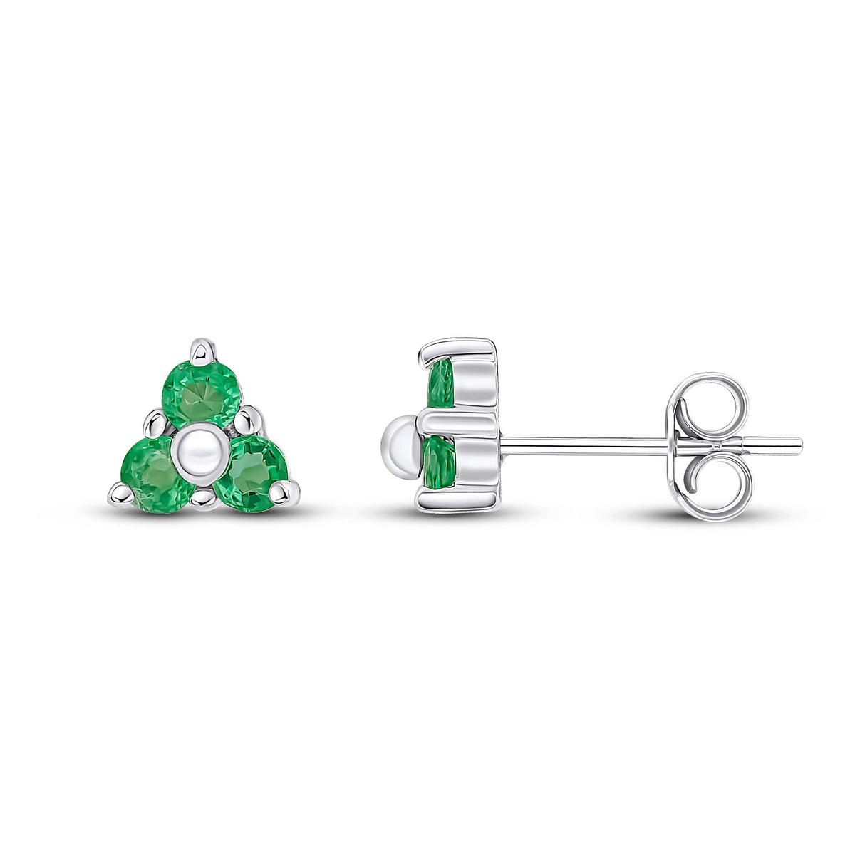 9ct White Gold Round Natural Emerald Trefoil Claw Stud Earrings