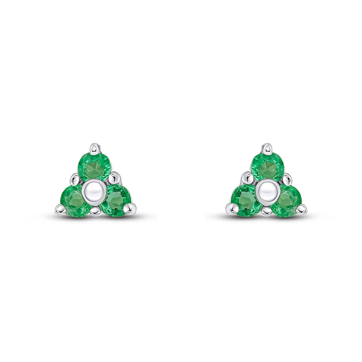 9ct White Gold Round Natural Emerald Trefoil Claw Stud Earrings