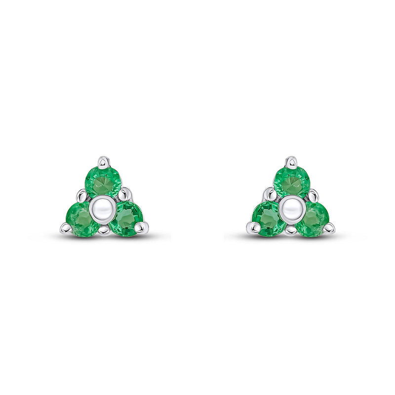 9ct White Gold Round Natural Emerald Trefoil Claw Stud Earrings