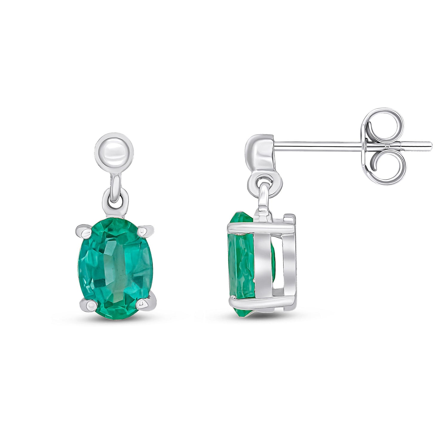 9ct White Gold Oval Shaped Natural Emerald Drop Earrings — 7x5mm