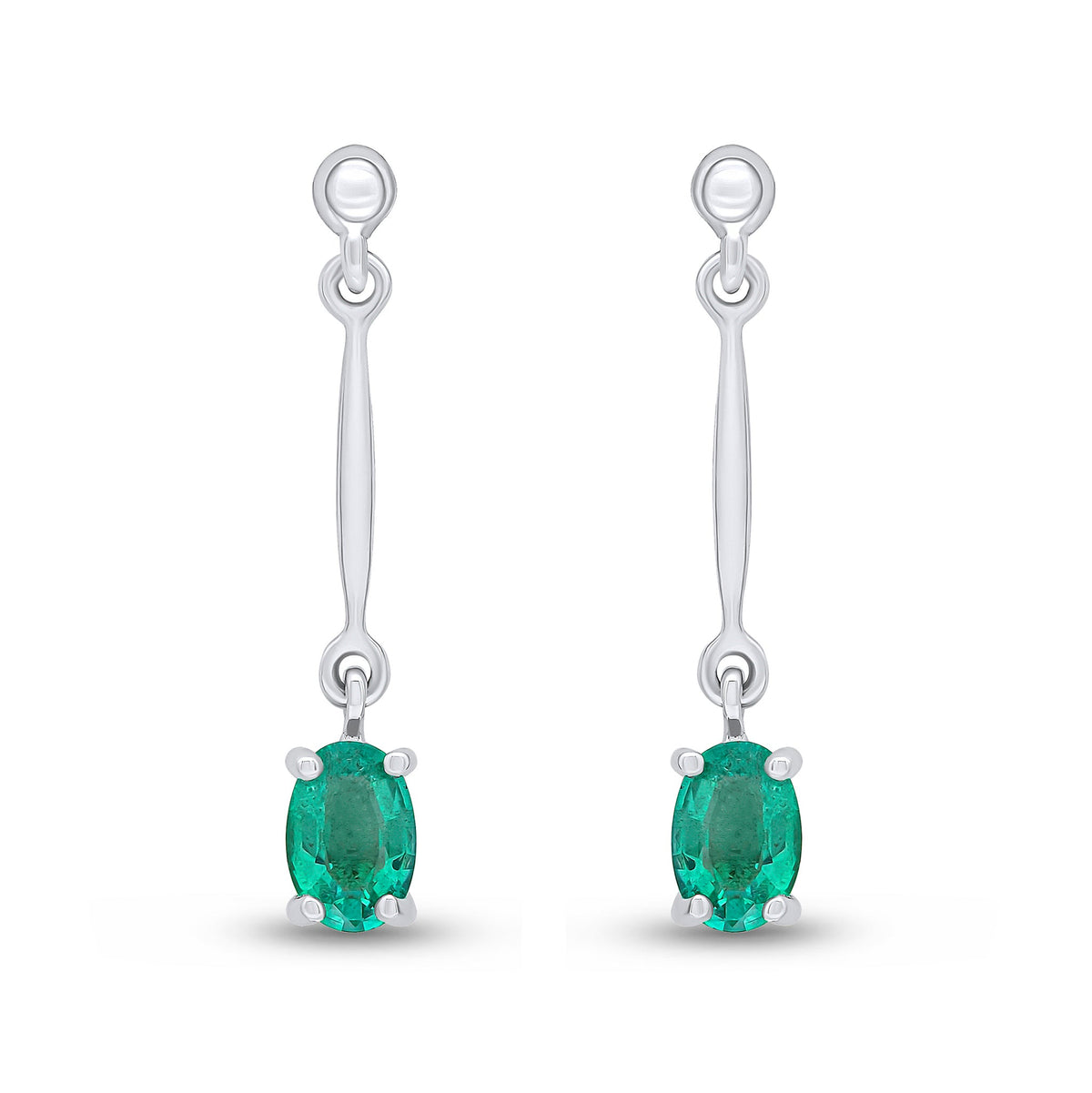 9ct White Gold Oval Natural Emerald Claw Bar Drop Earrings — 6x4mm