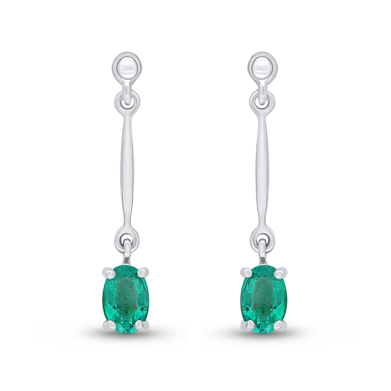 9ct White Gold Oval Natural Emerald Claw Bar Drop Earrings — 6x4mm