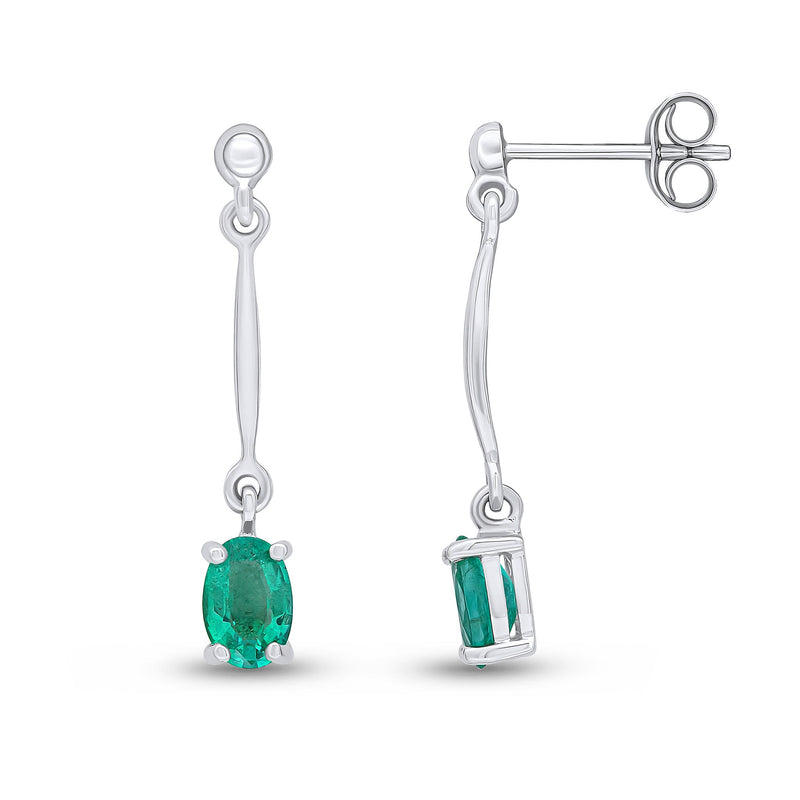 9ct White Gold Oval Natural Emerald Claw Bar Drop Earrings — 6x4mm