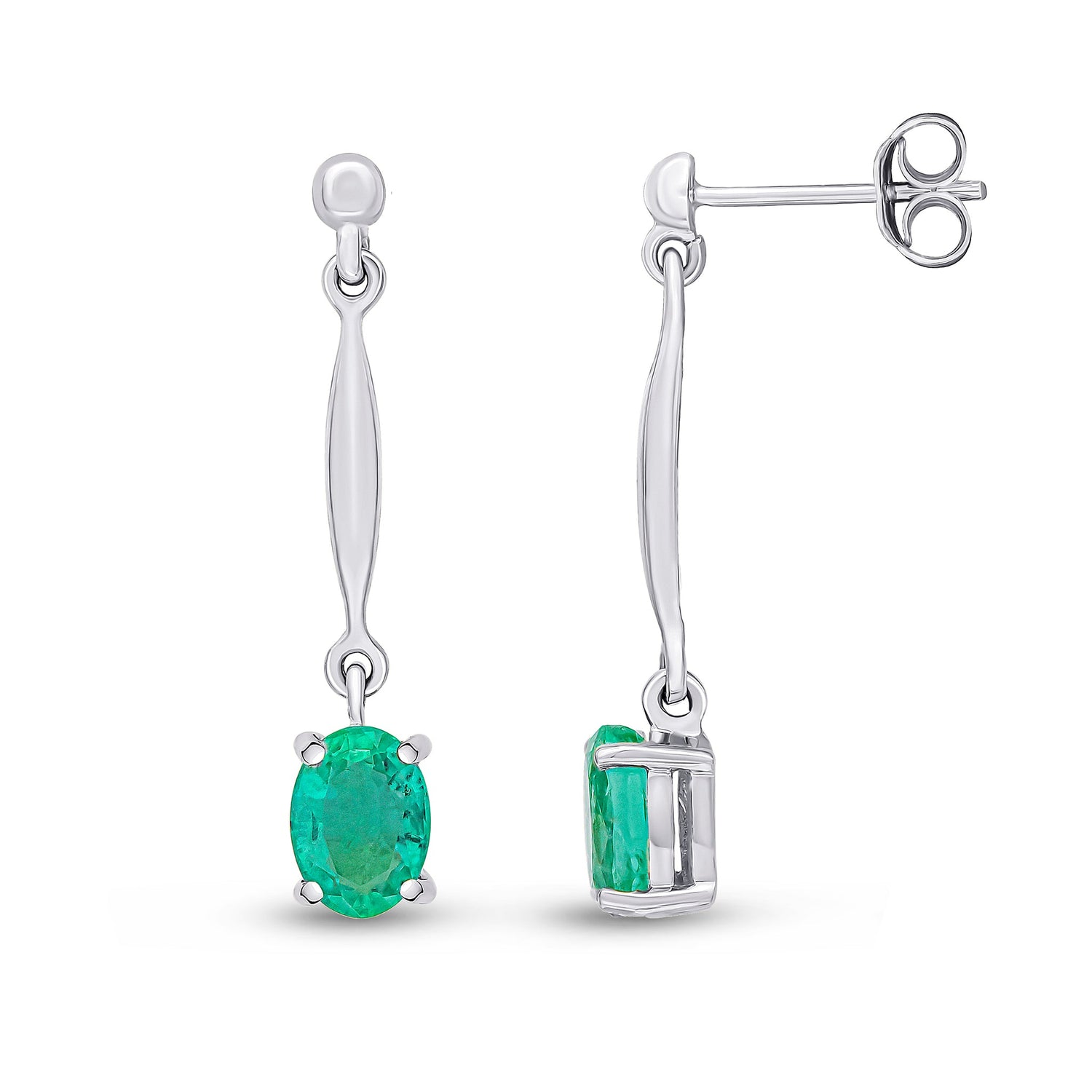 9ct White Gold Oval Natural Emerald Claw Bar Drop Earrings — 7x5mm